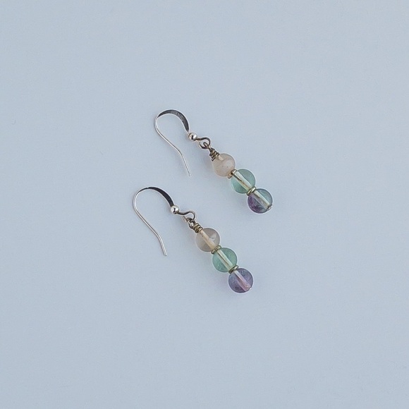 Multicolor Rainbow Fluorite Earrings Drop Dangle Silver Tone Round Natural Stone - Picture 2 of 8